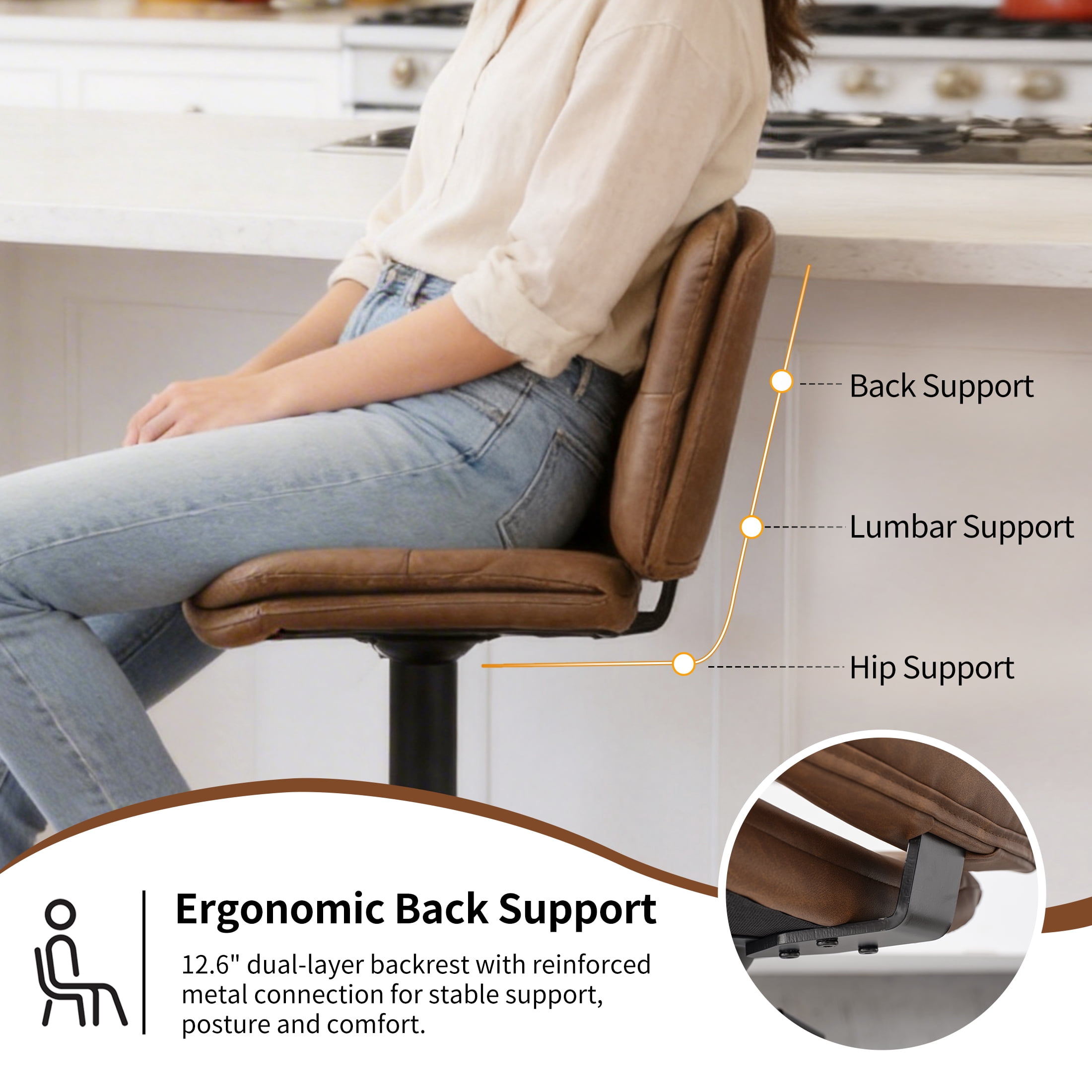 FIRAVOE Swivel Bar Stools Set of 4, Double-Layer Upholstered Counter Height Bar Stools with Back, PU Leather Height Adjustable Barstools for Kitchen Island, Tan