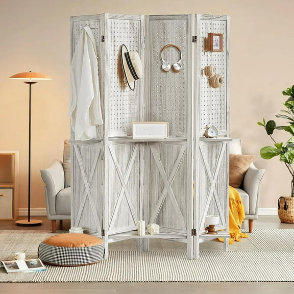 Wooden Pegboard Display with Hooks and Shelf, Rustic Room Divider Wall and Folding Privacy Screen for Bedroom, Jewelry Store