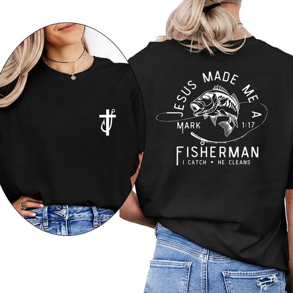 Jesus Made Me a Fishermen Print T Shirts for Mens Christian Cross Fish Hook Graphic Tees Short Sleeve Casual Tops for Daily Outfits Black,M
