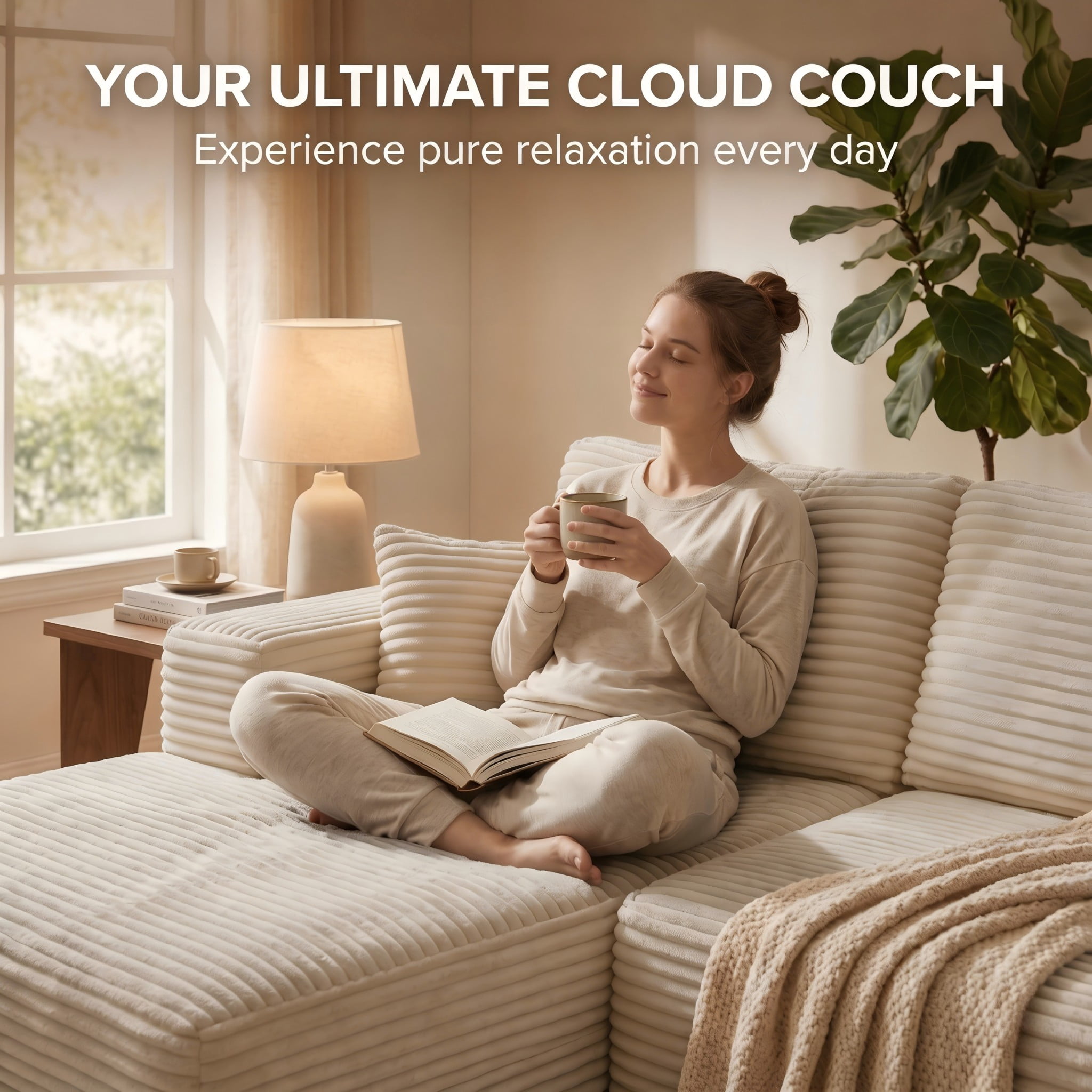 104" Cloud Sectional Sofa with Chaise, L-Shaped Corduroy Couch for Living Room, Zero Assembly, Memory Foam & Pocket Spring, Arrives in 2 Boxes, Left Facing (Beige)