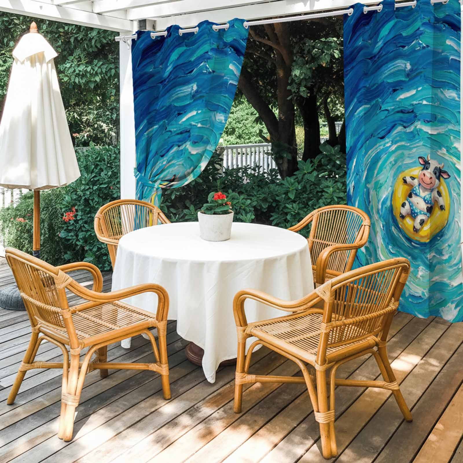 Funny Art Outdoor Curtains for Patio, Summer Cow Swimming Blue Sea View Oil Painting Sunshade Privacy Drapes Grommet Waterproof Outside Curtains for Porch/Cabana/Balcony 54"x 108", 1 Panel