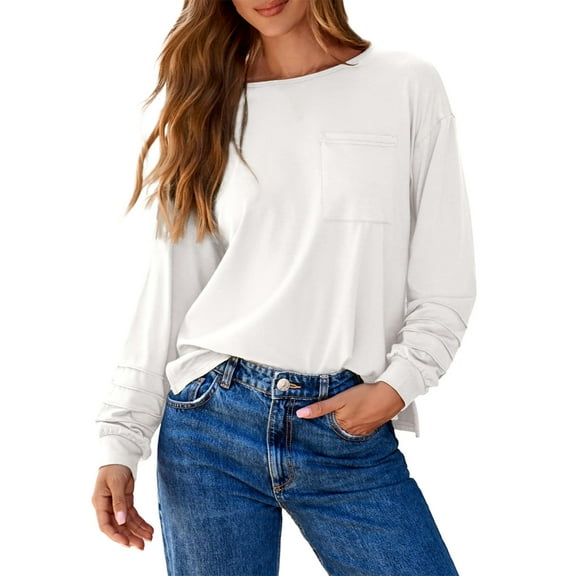 qucoqpe Boho Tops for Women Fashion Casual Crewneck Pullover Top Classic Solid Long Sleeve Shirts Blouse
