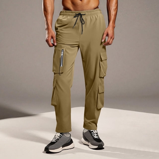 Pantalones largos para hombre, casuales, de moda, de color sólido, con cordón, cintura elástica, bolsillo con cremallera, pantalones para hombre