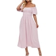thumbnail image 1 of QIPOPIQ Robe Midi d'Été Décontractée pour Femme à Col en V, Manches Bouffantes, Épaules Dénudées, Taille Haute Smockée, Liquidation, 1 of 9