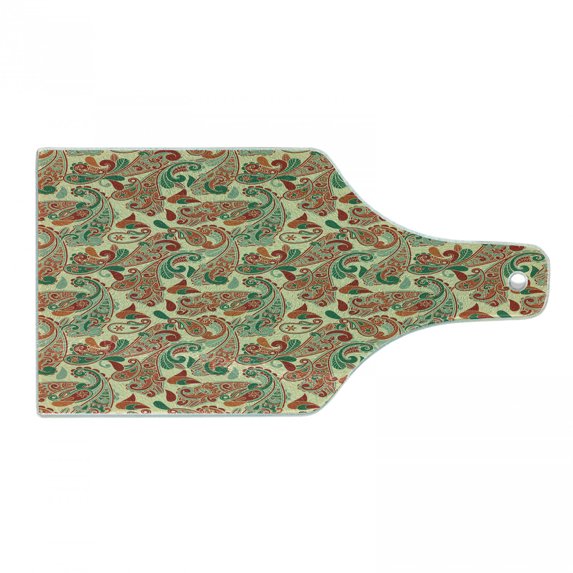 Ethnic Cutting Board, Paisley Leaves with Folk Culture Effects Bohemian Oriental Motif, Decorative Tempered Glass Cutting and Serving Board, Wine Bottle Shape, Hunter Green Ruby Orange, by Ambesonne