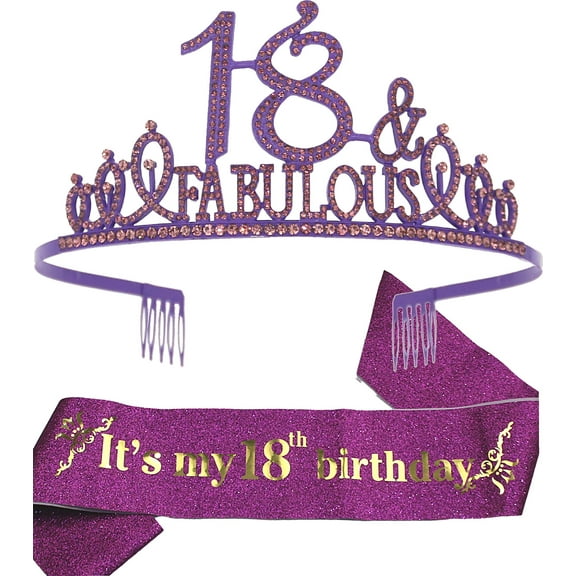 EBE EmmasbyEmma 18th Birthday Set: Glitter Sash & Purple Rhinestone Tiara, Party Gifts for Women
