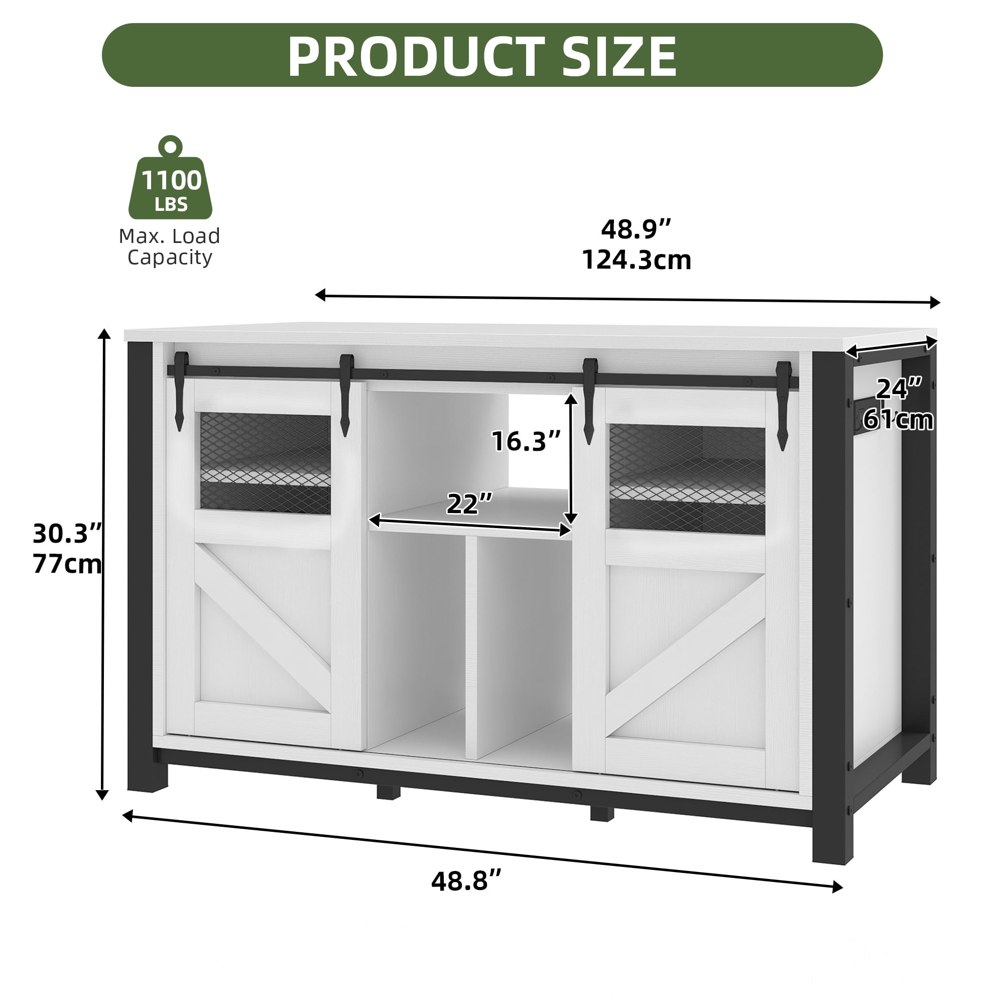 Uforic 120 gal Fish Tank Steel Stand with Storage, 1100 lbs Capacity, Power Outlets, Barn Door, White