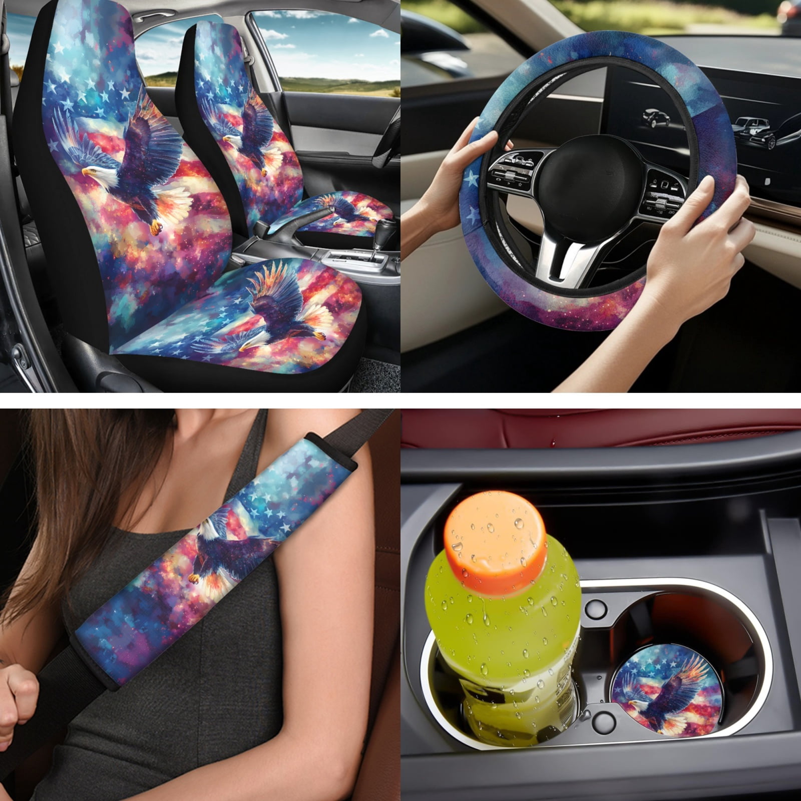 Binienty American Flag Bald Eagle Auto Seat Covers with Matching Automotive Armrest Cover Center Console Cushion Car Seat Belt Shoulder Strap Covers Keychain Vehicle Interior Decor Set​