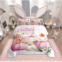 Manfei Pink Fall Pumpkin Full Size Comforter Sets, Harvest Flower Botanical Bedding Comforter Set, Teens Girls Kids Bedding Sets, Microfiber Bedroom Decor, 3 Pieces