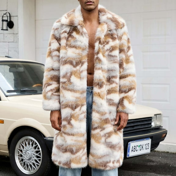 YueHuiYing Men's Warm Faux Fur Coat Winter Long Faux Mink Coat Fluffy Thick Trench Down Collar Coat for Men