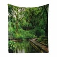 thumbnail image 1 of Jungle Soft Flannel Fleece Blanket, Deep Forest with Wooden Pier and River Refreshing Exotic Nature Wild Image, Cozy Plush for Indoor and Outdoor Use, 50" x 70", Hunter Green Brown, by Ambesonne, 1 of 6