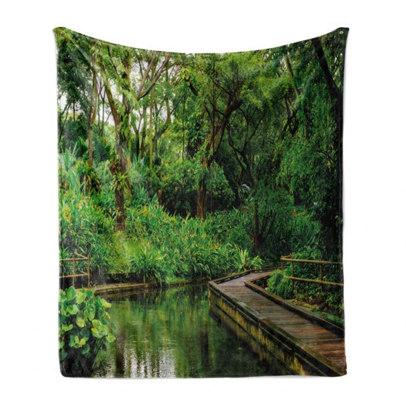 Jungle Soft Flannel Fleece Blanket, Deep Forest with Wooden Pier and River Refreshing Exotic Nature Wild Image, Cozy Plush for Indoor and Outdoor Use, 50" x 70", Hunter Green Brown, by Ambesonne