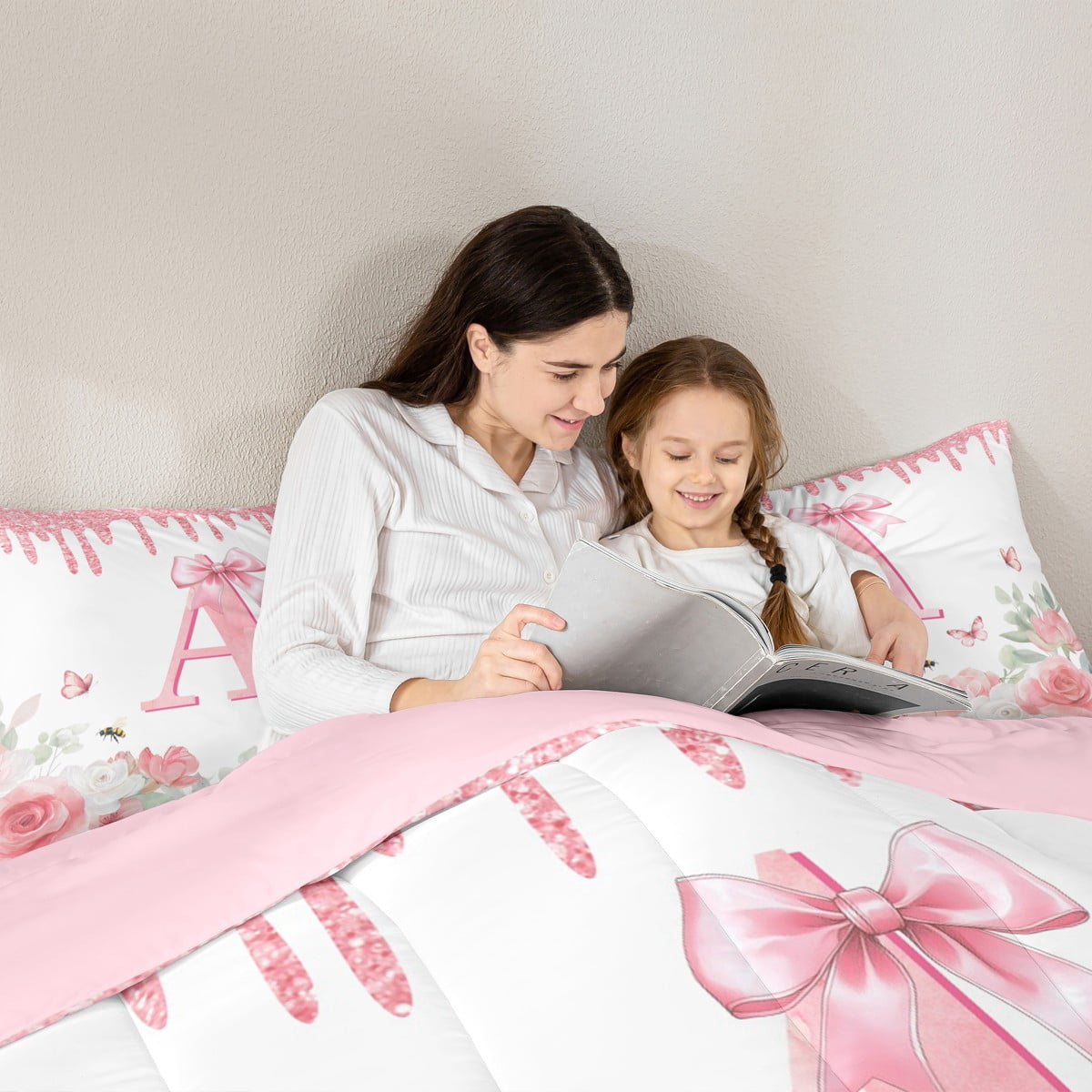 jejeloiu Monogrammed A Twin Bedding Sets 7-Piece,Retro Flower Butterfly Bedding Comforter Set,White Pink Bow Sheet Sets For Girl,Microfiber Room Decorative Reversible