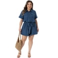 thumbnail image 3 of DARING DIVA Women's Plus Button Down Roll Short Sleeve Belted Jumpsuits 1X Dark Blue, 3 of 6