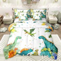 Feelyou Green Dinosaur Animal Bedding Comforter Set 7 Pieces, Kawaii Jungle Dino Full Bedding Set, Palm Leaf Plant Reversible Fitted Sheet Flat Sheet, Breathable Home Decor