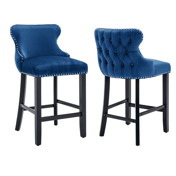 Set of 2 Wingback Upholstered Bar Stools with Nailhead Trim, Velvet Fabric Side Dining Room Chairs with Tufted Button, Living Room Chairs Counter Bar Stools Home Kitchen Island (Blue)