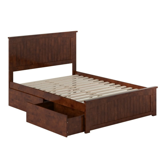 HomeStock Art Deco Dreams Full Solid Wood Platform Bed with Matching Footboard & Storage Drawers in Walnut