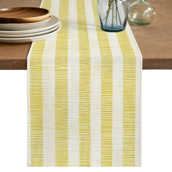 Table Runner 36 Inch Long - Farmhouse Yellow Linen Stripes Decorative Table Scarf, Vintage Dining Table Runners for Wedding Party Kitchen Dining Tables