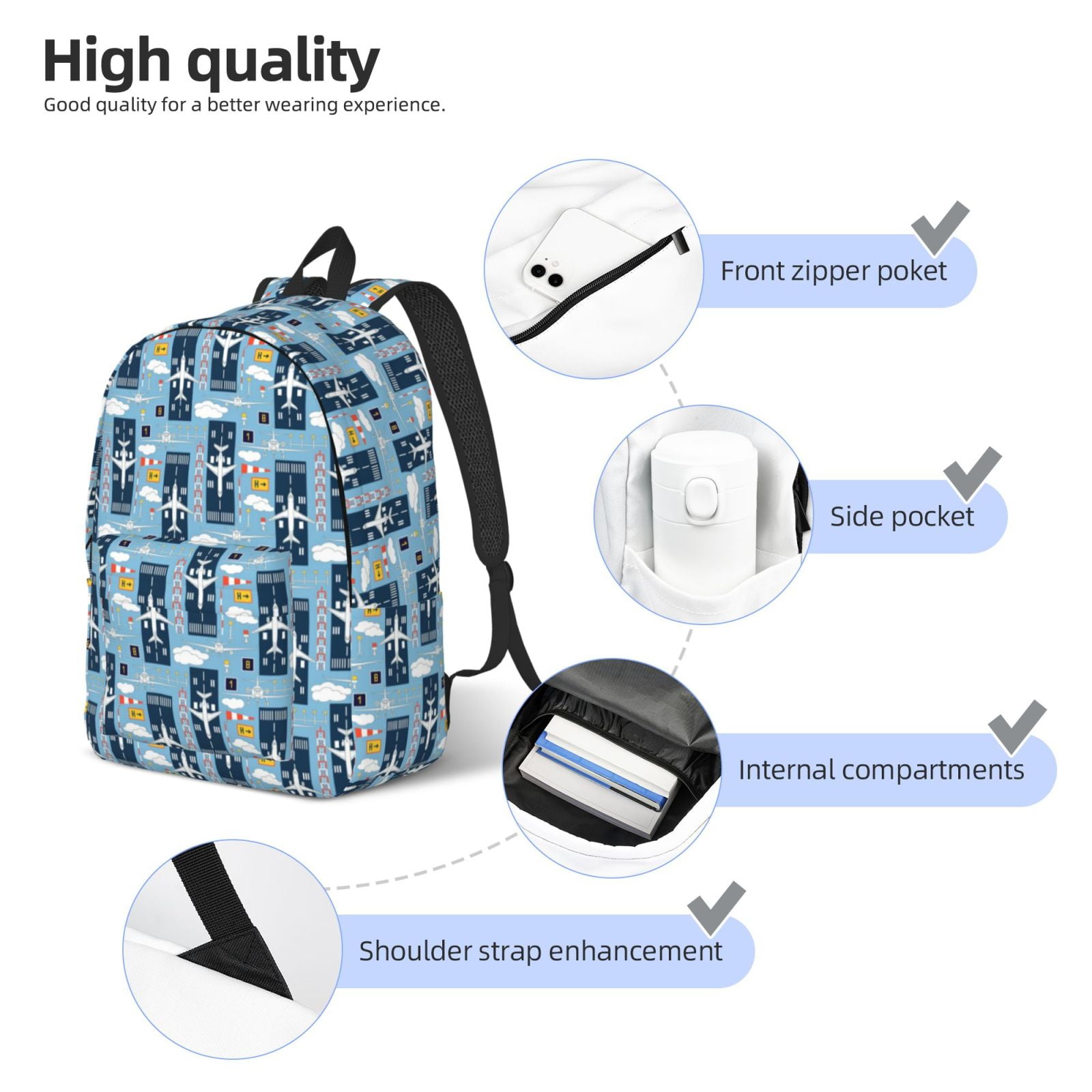 Kuqiui Airplanes and Aviation Signs Print Canvas Travel Laptop Backpack for Men Women,Business Work Rucksack College School Computer Bag Fits 15.6 Inch Notebook