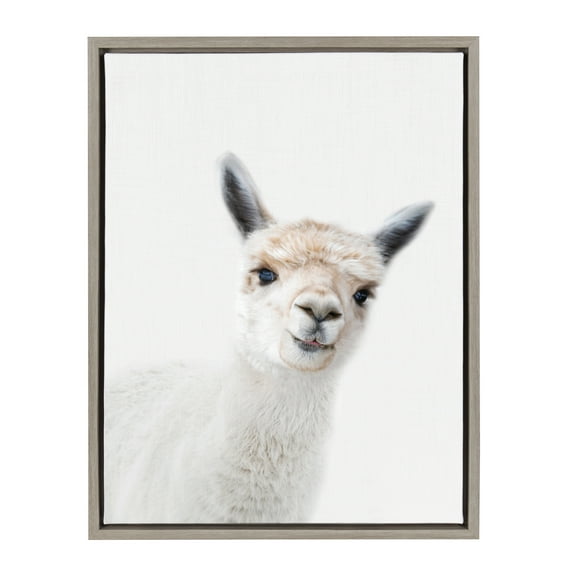 Kate and Laurel Sylvie Studio Alpaca Animal Print Portrait Framed Canvas Wall Art by Amy Peterson, 18x24 Gray