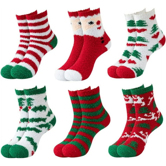 6Pairs Women Christmas Fuzzy Socks Fluffy Socks Winter Warm Cozy Striped Socks Crew Socks
