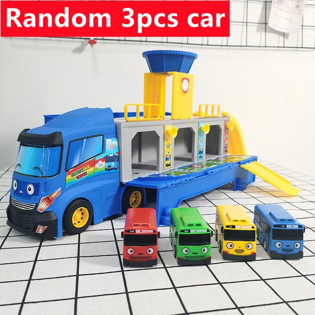Tayos Parking Lot Cartoon Small Bus Truck Caja de almacenamiento con 3 Mini Pull Back Car Toys Regalos de cumpleaños para niñoszhangyuxiang