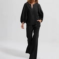 thumbnail image 2 of Womens Casual Two-Piece Outfit V-Neck Long Sleeve Top High Waist Straight Leg Pants with Pockets Cotton Linen Set Black M(M), 2 of 6