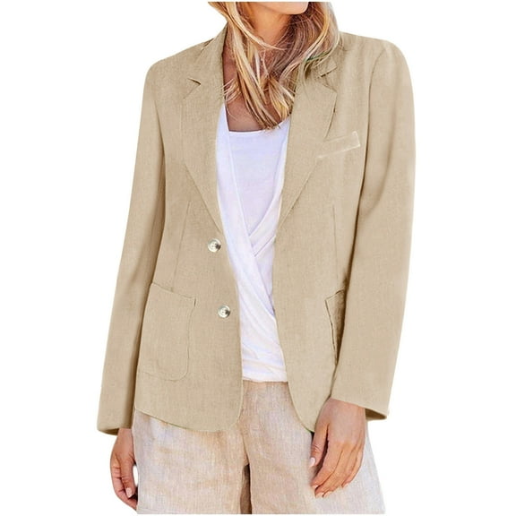 Fmbrln Womens Linen Blazers Coat Long Sleeve Lapel Collar Open Front Jackets Casual Dressy Jackets Office Business Work Jackets with Pockets Beige S