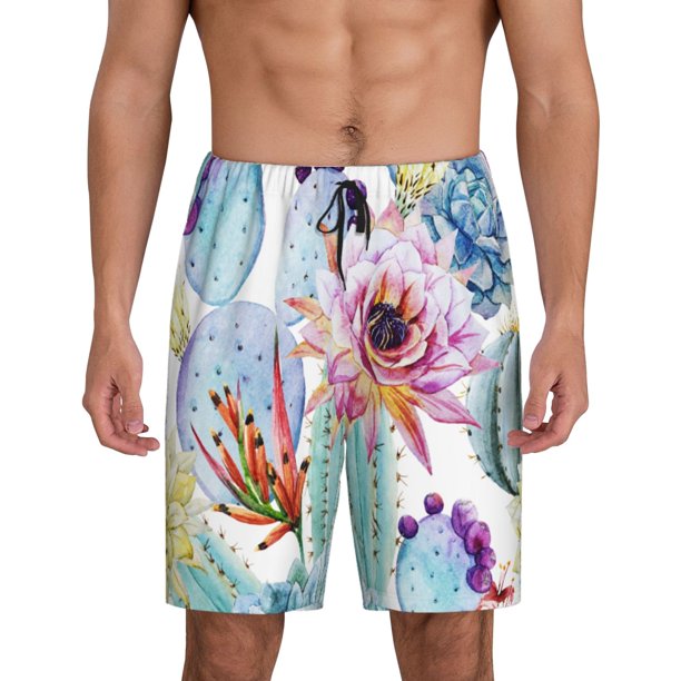Balery Cactus Pantalones cortos de pijama de punto de algodón para hombre con cinturilla y bolsillos-Large