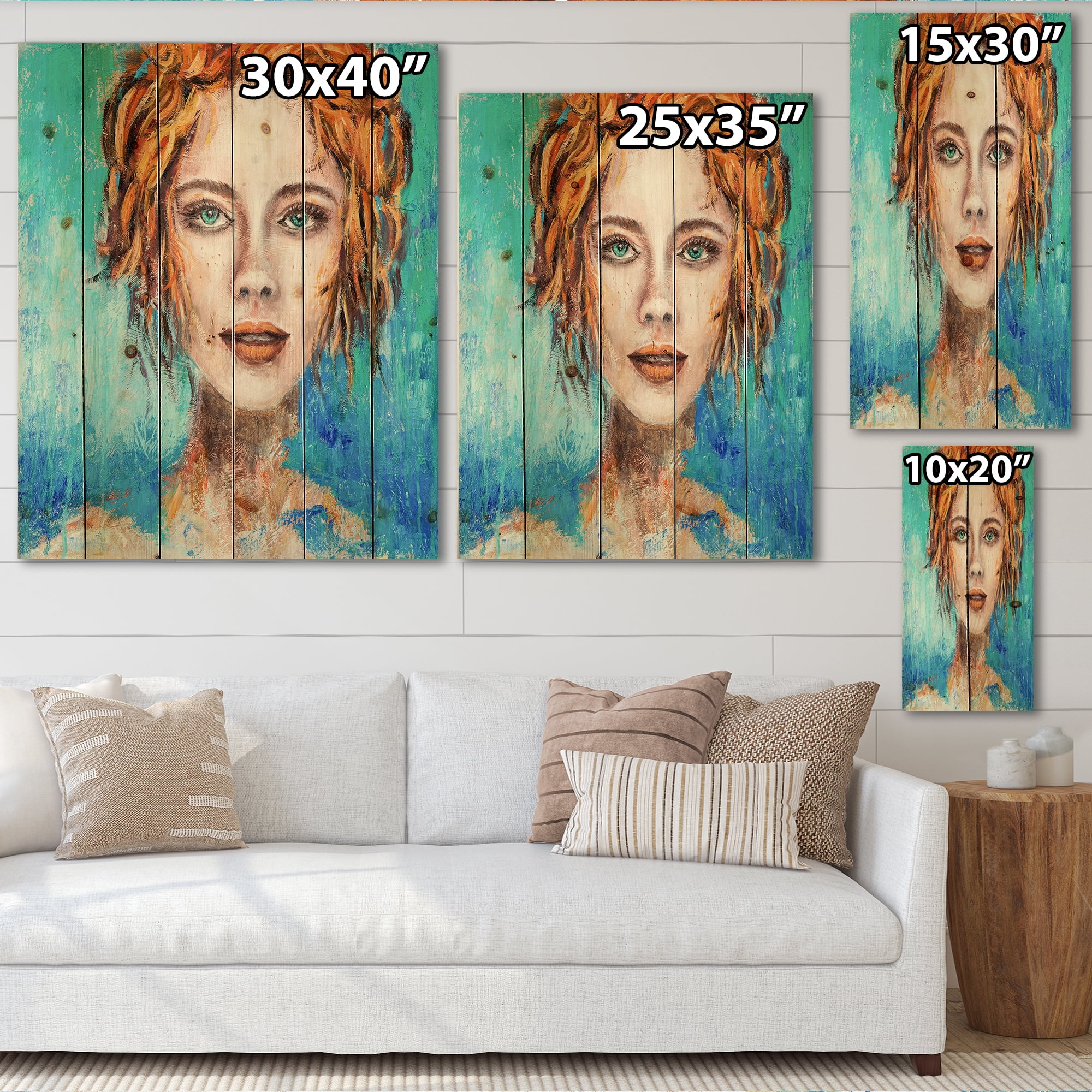 Designart 'A Woman Face With Red Hair And Green Eyes' Modern Print on Natural Pine Wood