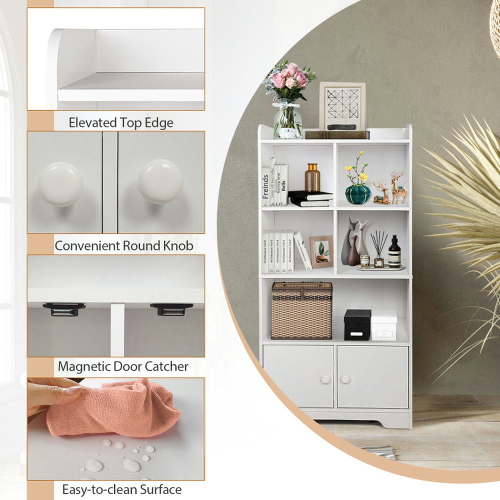 Demi Bonn 4 Tiers Wood Storage Bookcase with 4 Cubes Display Shelf and 2 Doors, White