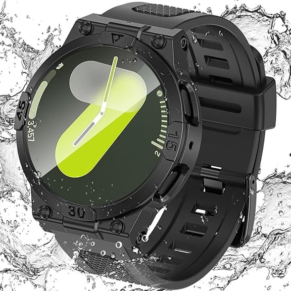 3 in 1 Waterproof Case and Band for Samsung Galaxy Watch 7 40mm, 360° Protective Hard PC with Tempered Glass Screen Protector for Galaxy Watch Cover Bumper Accessories, Black