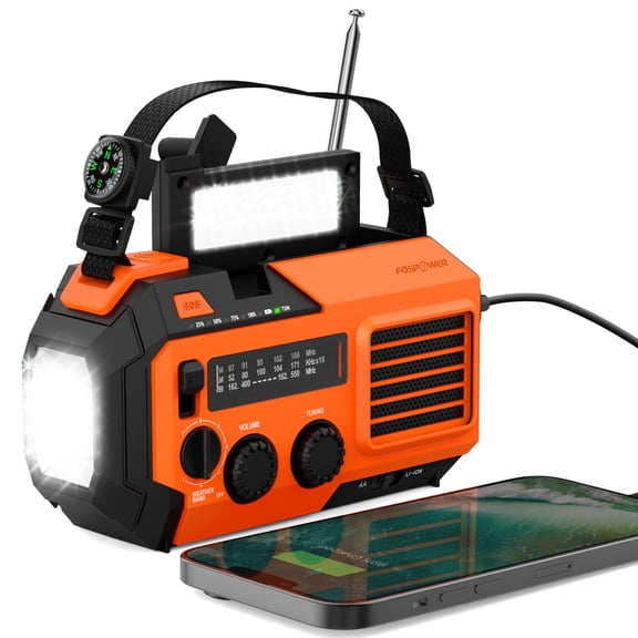 FosPower 5200mAh Solar Powered Emergency Weather Radio A6 with Hand Crank & LED Flashlight, Orange