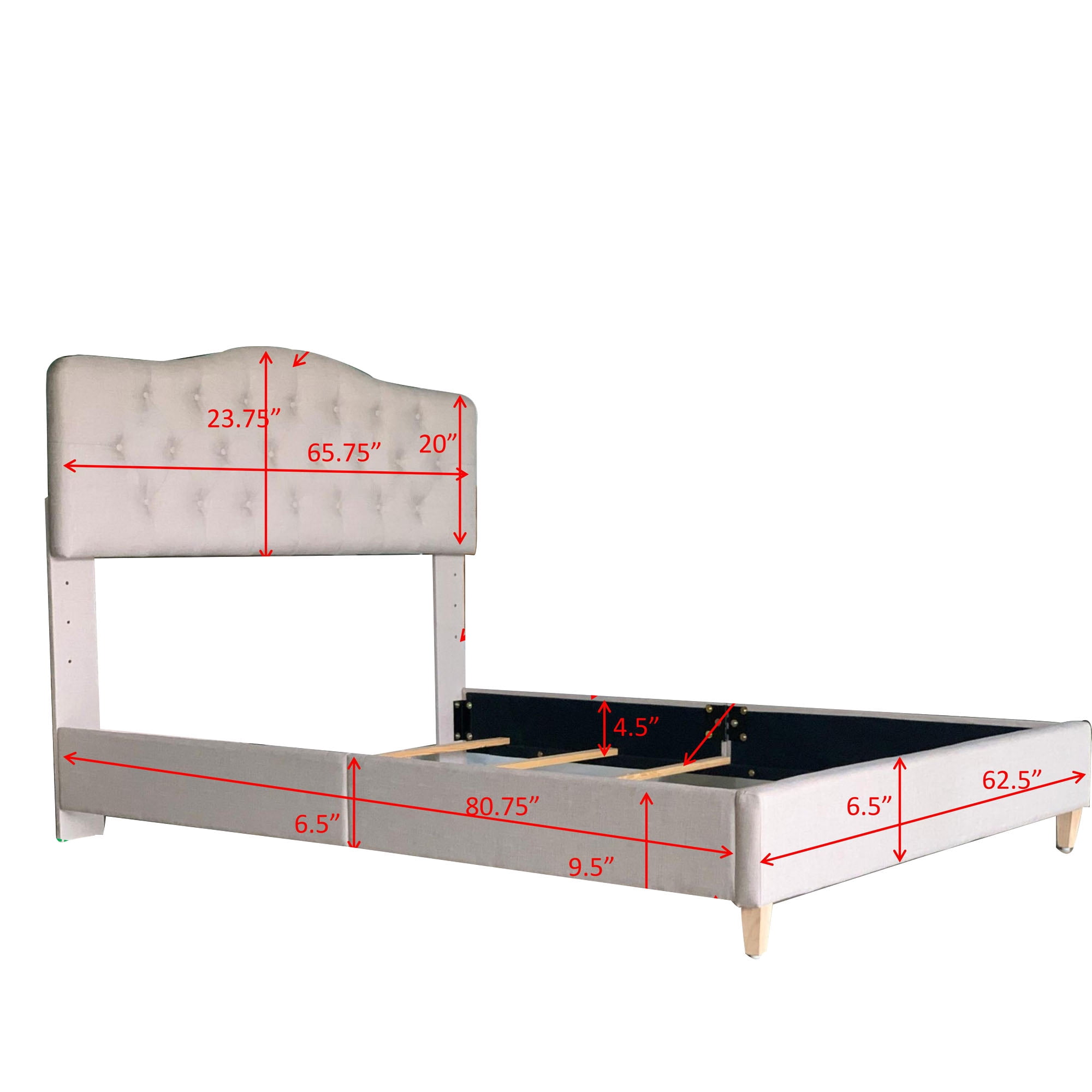Gewnee Gray Queen Platform Bed,Linen Fabric Padded Headboard,Solid Wood Slat Support & Sturdy Construction,Ideal for Bedroom,Box Spring Required