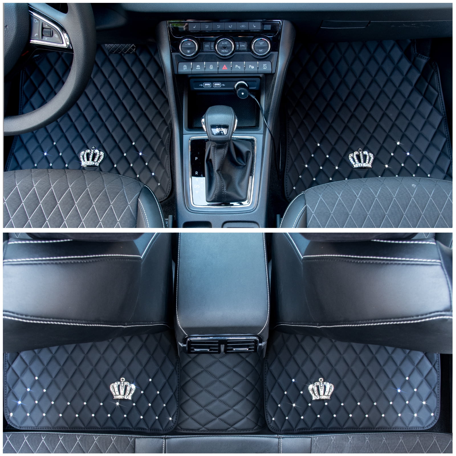 eing All Weather Pu Leather Floor Mats for Car SUV & Truck - 5 Pack/Set (Front & Rear), Heavy Duty Protection,Crown Car Floor Cushion,Black