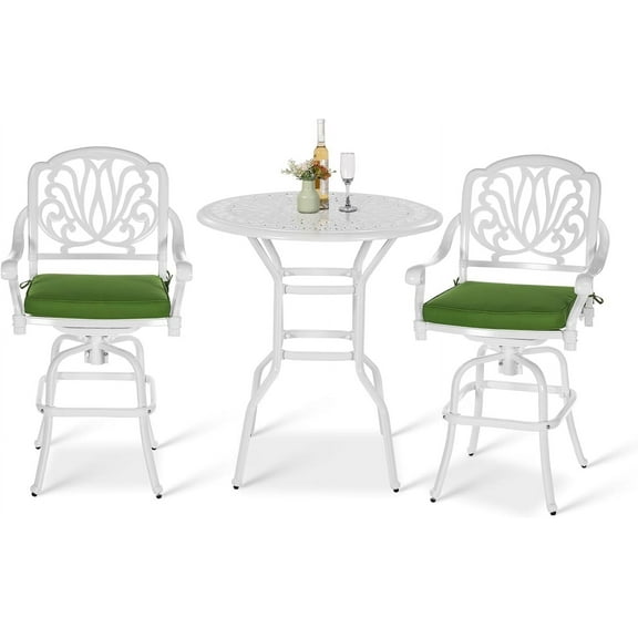 VIVIJASON 3-Piece Patio Swivel Bar Stools Set, All Weather Cast Aluminum Outdoor Bar Height Bistro Set with 2 Cushioned Bar Chairs & 35.4" High Bar Table w/Umbrella Hole for Backyard, Lawn, White