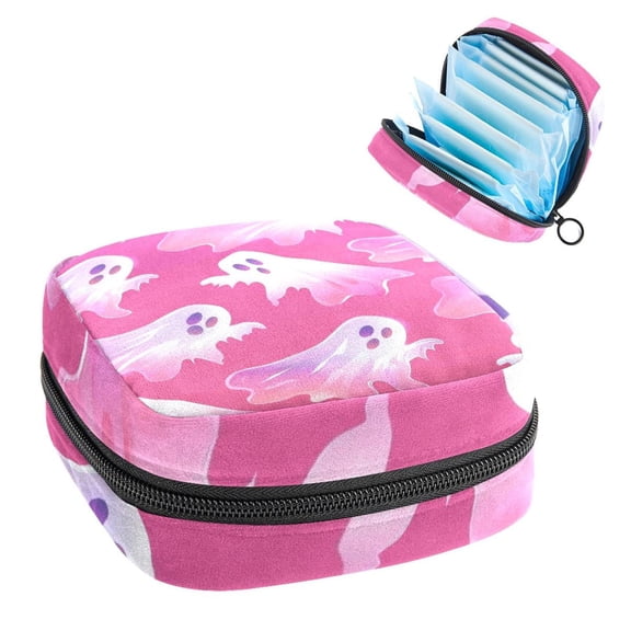 Sanitary Napkin Storage Bag for Girls Women, Portable First Period Pads Bag Tampons Holder Girls Travel Makeup Bag, Large Capacity Halloween Spooky Cartoon Ghosts on Pink Background