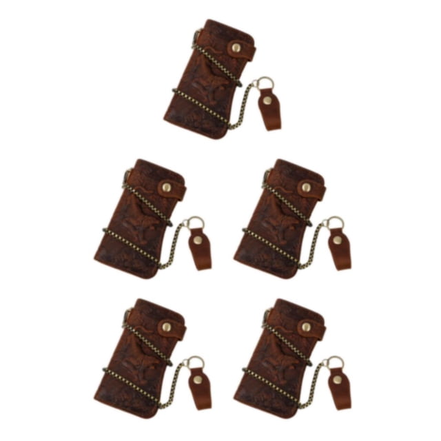 facefd Leather Wallet Chain Anti-theft Wallets with Zipper Multi-card ID Cards Holder Retro Coin Fashionable Purse Travel Dark Brown tiger pattern 5Set