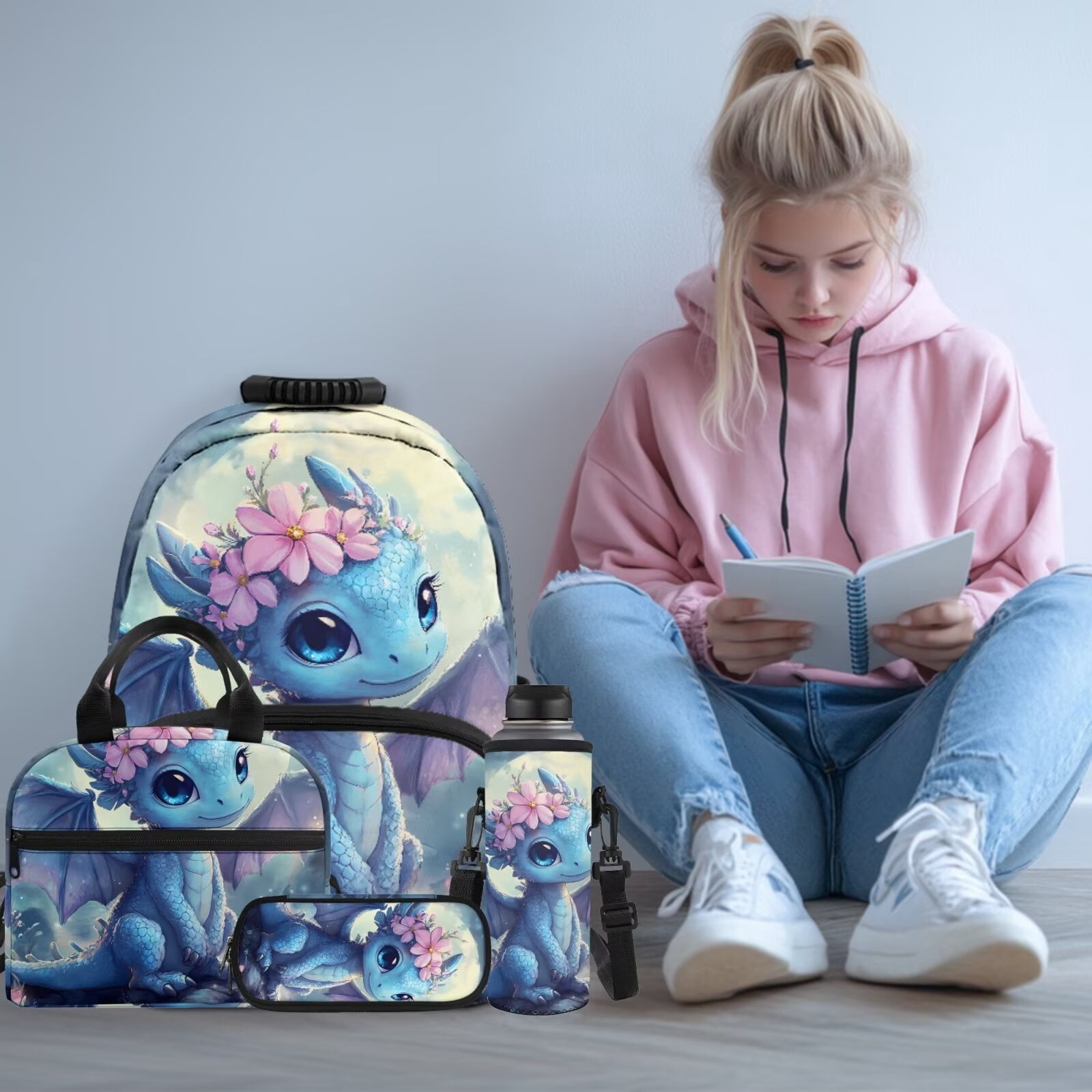 Pzuqiu Cherry Blossom Dragon Kids Backpack Back Pack for School Girls Boys Backpack Lunch Bag with Pencil Bag 4 pcs Travel Daypack Camping School Bags with Water Bottle Holder