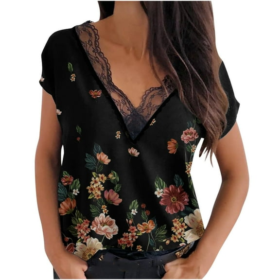 USSUMA Women's Tops Dressy Casual Summer Blouse Cute Lace Trim Short Sleeve T-Shirts for Women Trendy Floral Print V Neck Womens Tunic Top Shirt Summer Beach