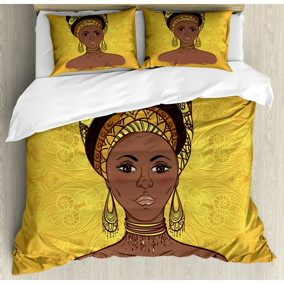 African Woman Duvet Cover Set King Size, Tribal Woman Portrait in Turban Ornate Mandala Inspired Round Motif, Decorative 3 Piece Bedding Set with 2 Pillow Shams, Yellow Brown Cocoa, by Ambesonne