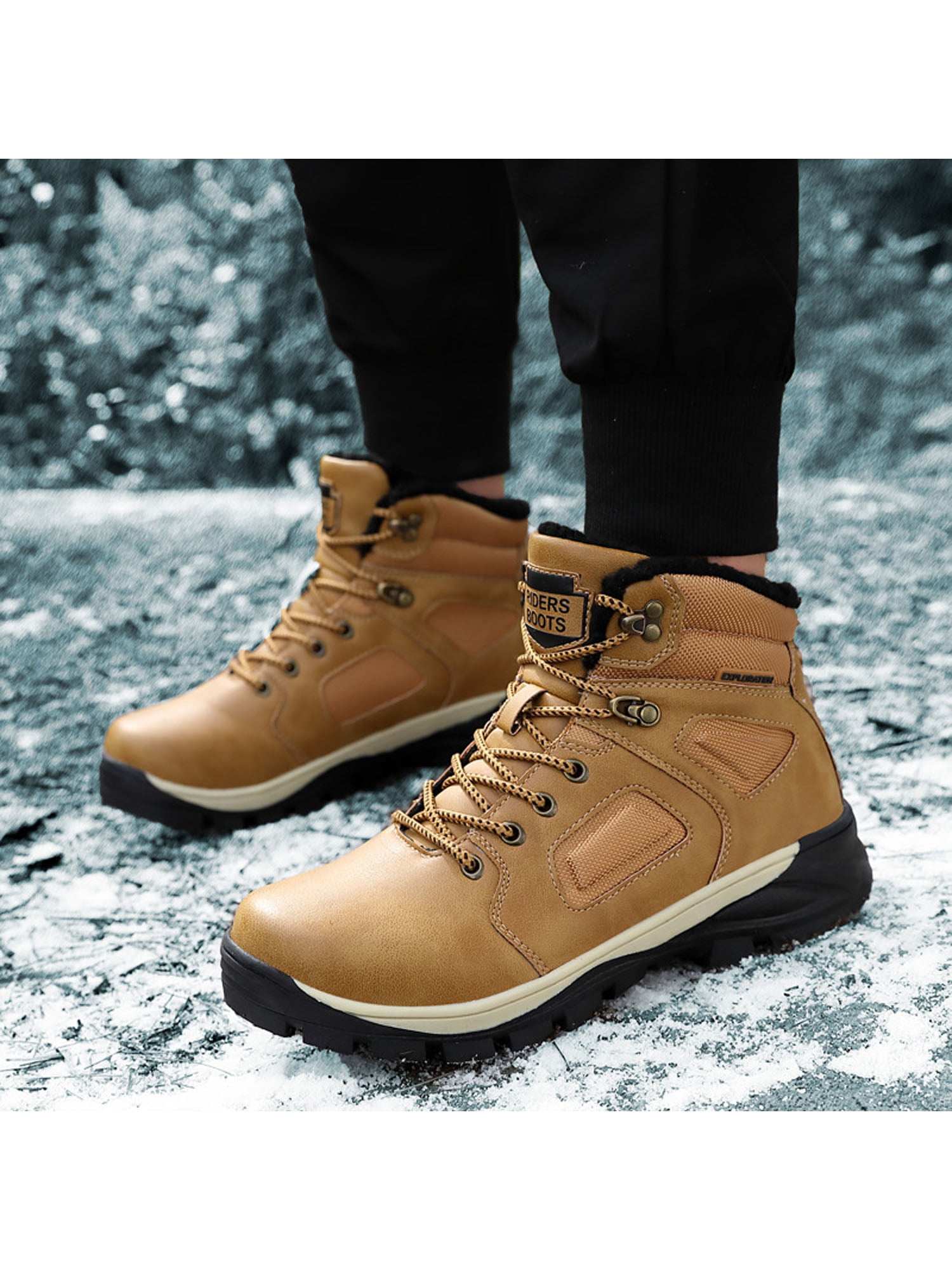 Men's Waterproof Leather Winter Work Hiking Boots Outdoor Warm Fur Lined Shoes