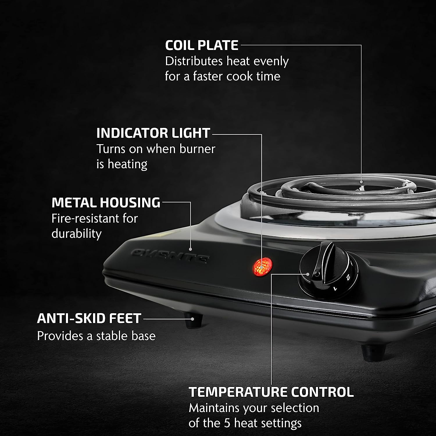 OVENTE Electric Countertop Single Burner, 1000W Coil Cooktop with 6 Inch  Coil Hot Plate,Temperature Control,Easy to Clean Stainless Steel Base,  Portable Cooking Stove for Home or Office, Black BGC101B - Walmart.com