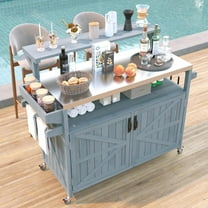Harper & Bright Designs Outdoor Kitchen Island with Raised Shelf, Solid Wood Storage Cabinet with Stainless Steel Top, Outdoor Rolling Grill Cart with Internal Storage Rack, Grey Blue