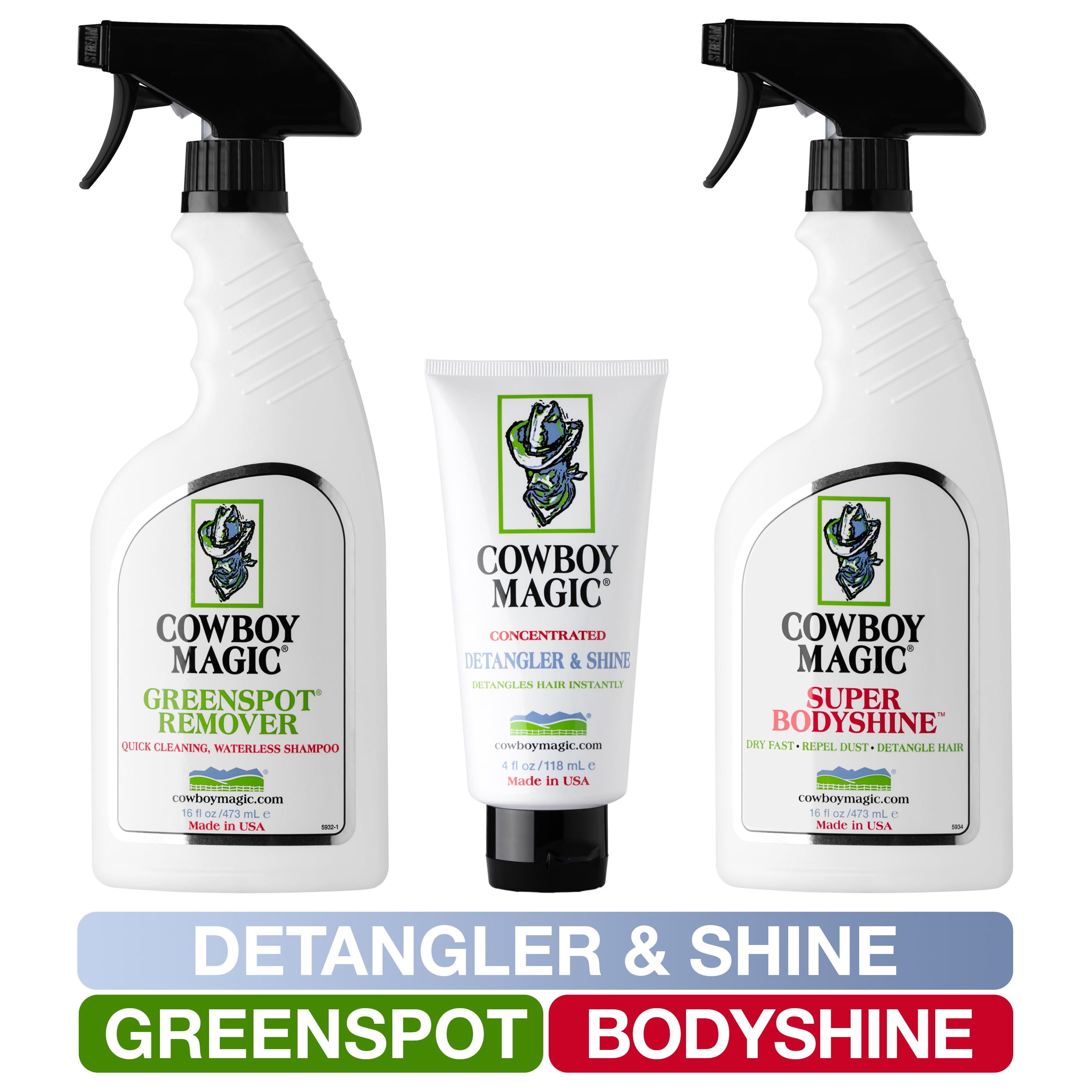 Cowboy Magic Grooming Bundle: Greenspot Remover, Super Body Shine & Detangler & Shine (16 Oz Each + 4 Oz)
