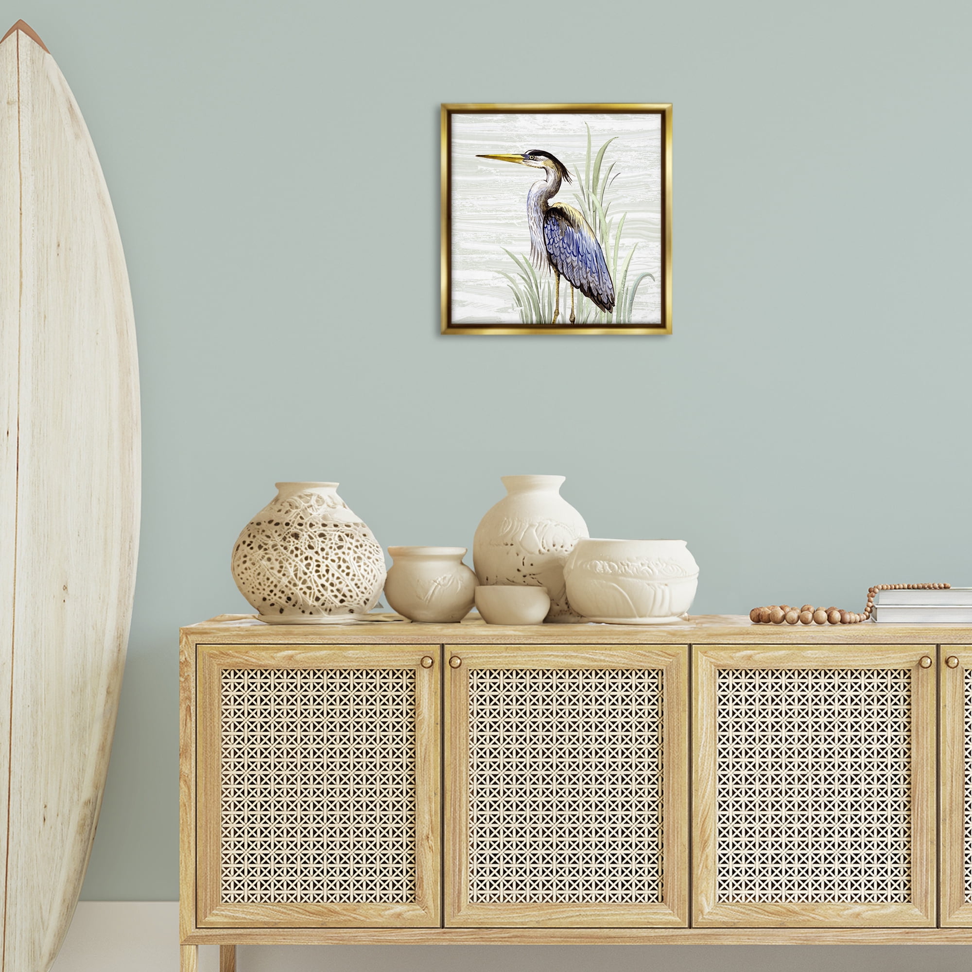 Stupell Industries Beach Bird Simple Heron Animals Painting Gold Floater Framed Canvas Art Print Wall Art, 18 x 18