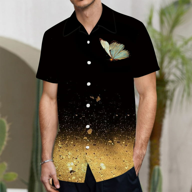 B91Xz Work Shirts for Men Mens Summer Fashion Casual Beach Seaside Digital  3D Printing Short Sleeve Shirt T Shirt Gold,Size 3XL