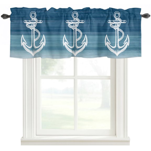 Blue Nautical Anchor Window Valance Curtain Ocean Gradient Rod Pocket Valance for Windows Short Curtain for Living Room, Bedroom & Kitchen Window Decor 42x12in