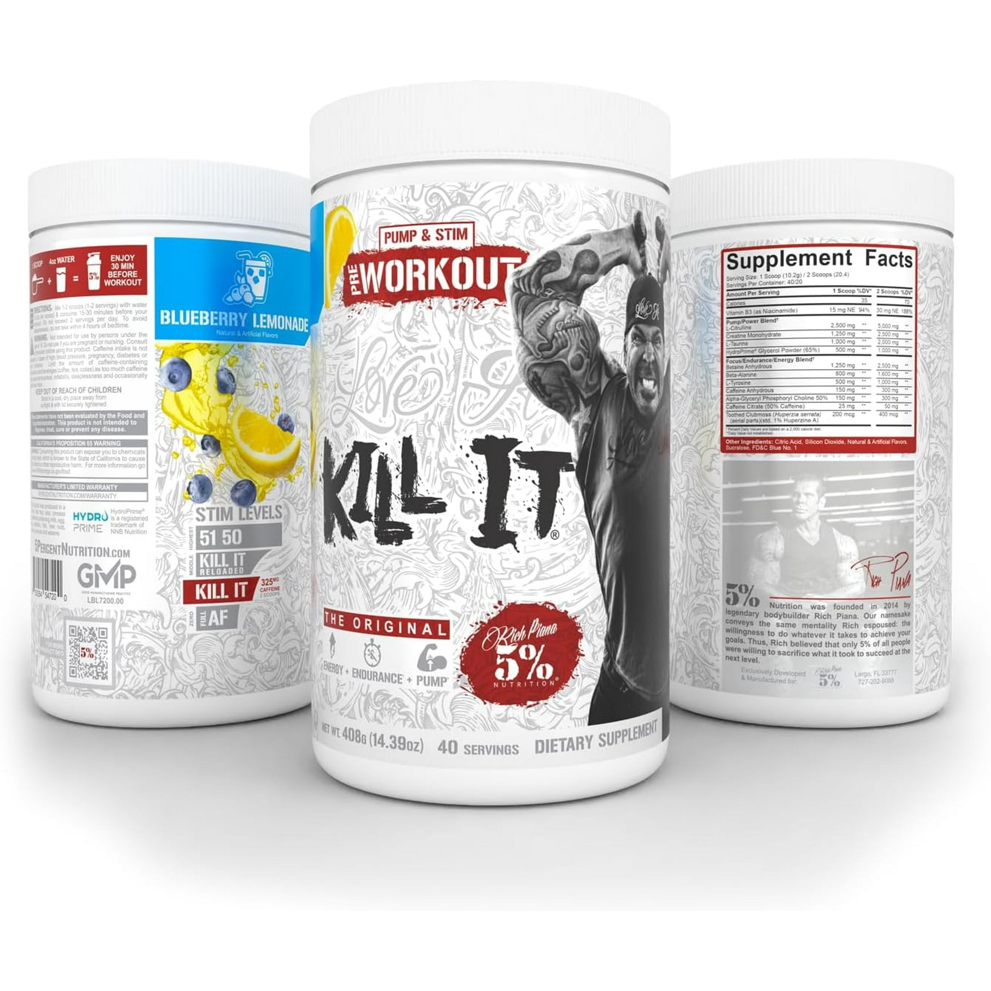 5% Nutrition Rich Piana Kill It Pre-Workout Powder Supplement with Creatine & Caffeine for Pump, 40 Servings (Blueberry Lemonade)