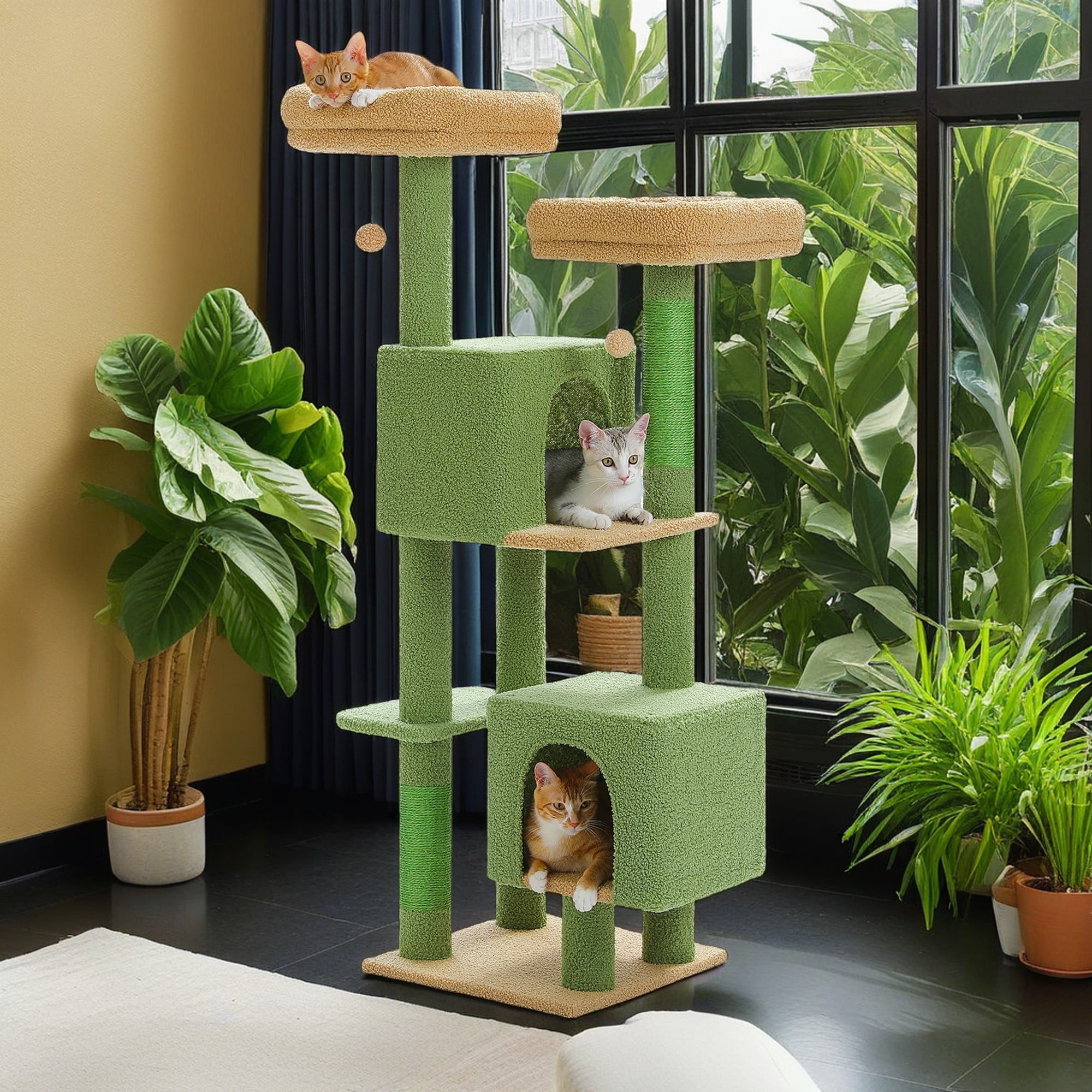 resenkos 52" Multilevel Cat Tree Tower for Indoor Cats, Plush Cat Tree House with 2 Padded Perches, 2 Condos and 2 Scratching Posts, Green
